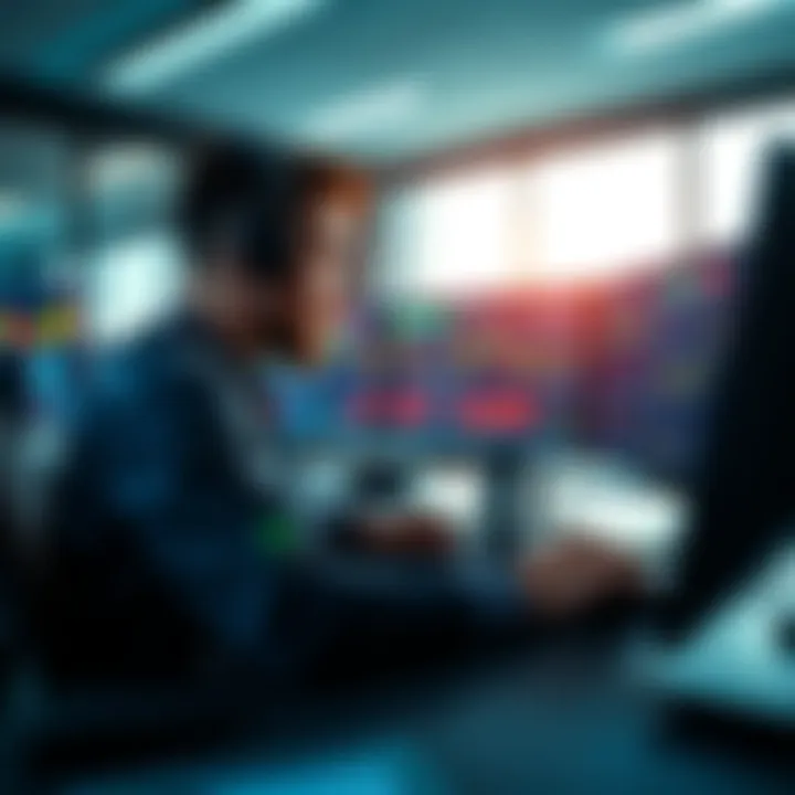 A cryptocurrency trader analyzing charts and graphs on multiple screens in a modern office setting