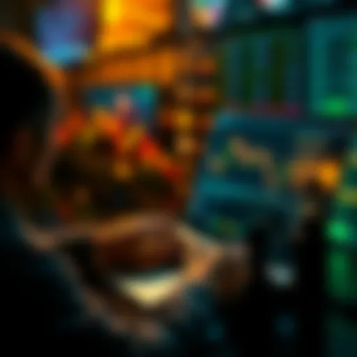 A person analyzing cryptocurrency trends on a laptop with charts and digital currency symbols in the background.