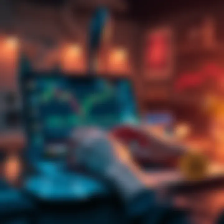 Cryptocurrency Trading Tools A user analyzing cryptocurrency trading tools on a laptop, with graphs and digital coins displayed