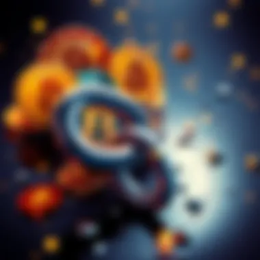 A digital illustration showing various cryptocurrency symbols alongside a broken chain link, symbolizing sanctions evasion.