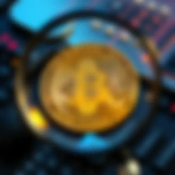 A close-up of a Bitcoin coin with a magnifying glass, symbolizing increased regulatory focus on cryptocurrency.