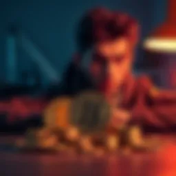 A person looking worried while staring at various cryptocurrency coins on a table, symbolizing the risks of choosing the wrong investment.