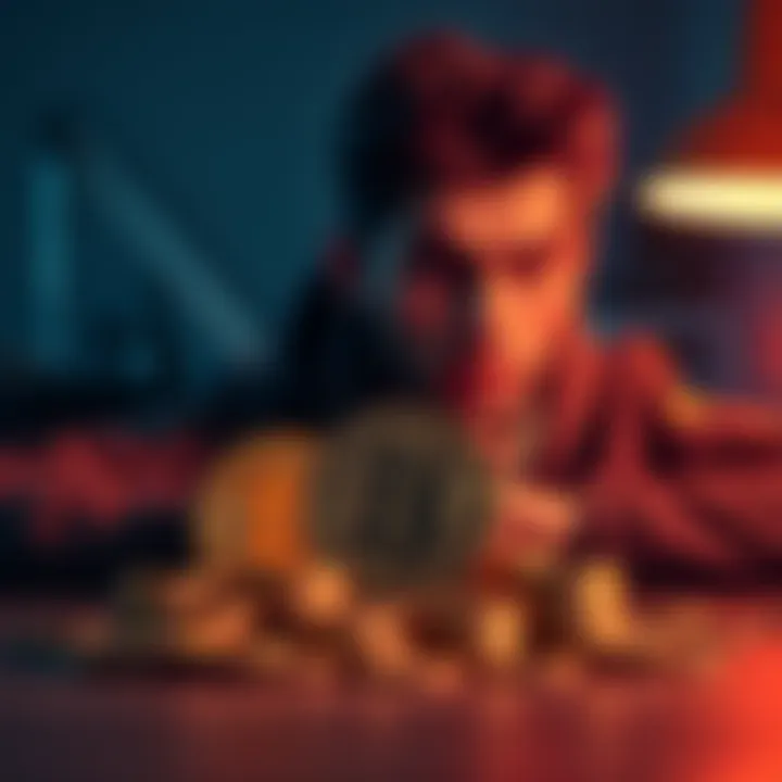 A person looking worried while staring at various cryptocurrency coins on a table, symbolizing the risks of choosing the wrong investment.