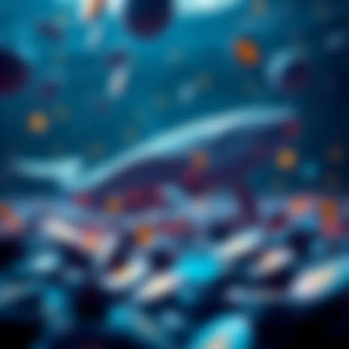 A large whale swimming through a sea of digital coins representing cryptocurrency tokens