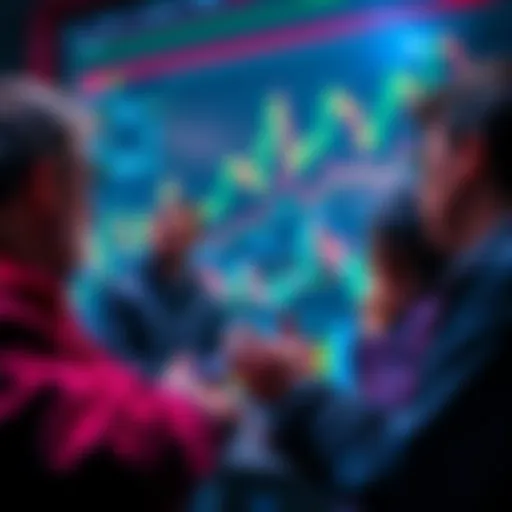 A group of cryptoinfluencers sharing insights on cryptocurrency market trends, with graphs and charts in the background.