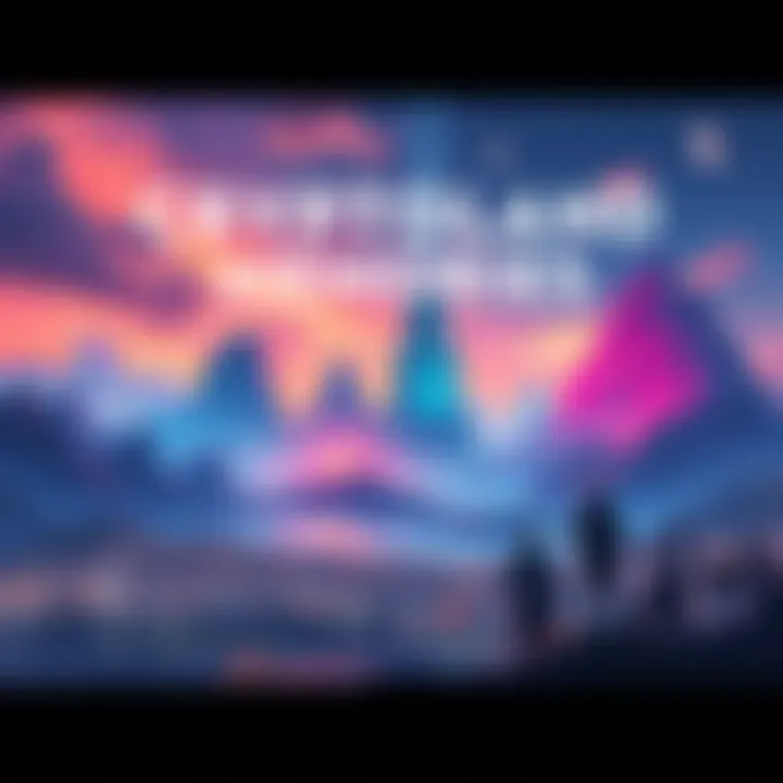 Cryptoland Memories A vibrant digital landscape representing the highs and lows of Cryptoland, with people discussing and reacting to the project