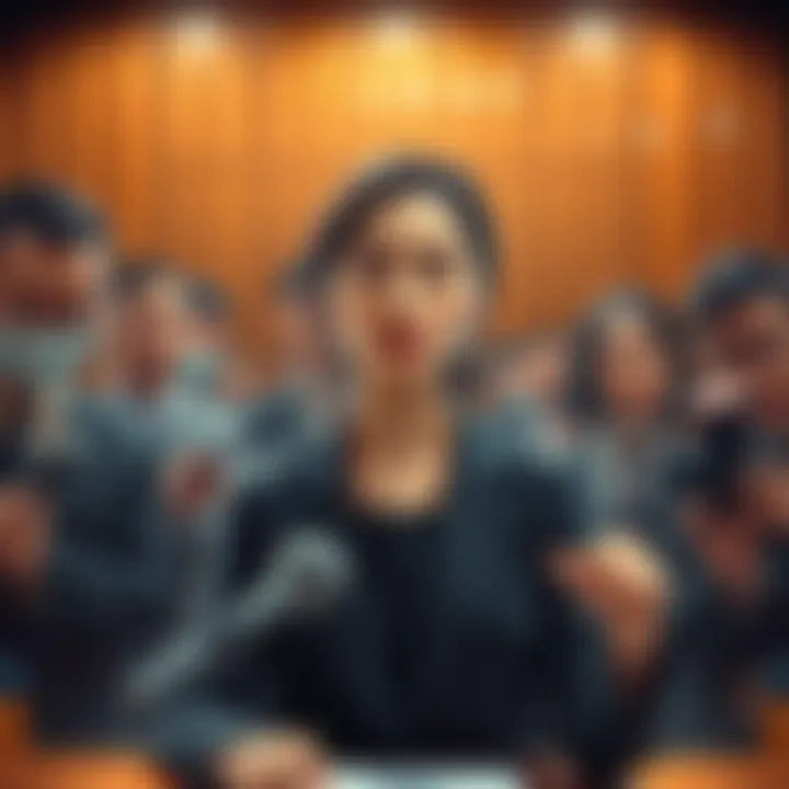 A woman in a courtroom being sentenced for a major Bitcoin scam, surrounded by legal officials and reporters.