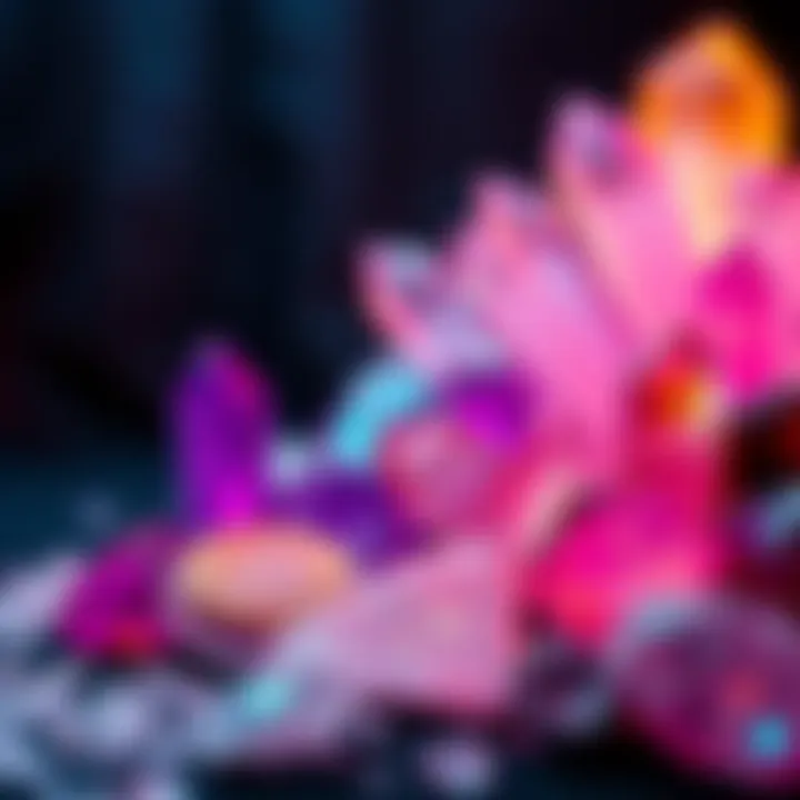 Colorful crystals representing rewards for earning cryptocurrency weekly, arranged in a visually appealing way