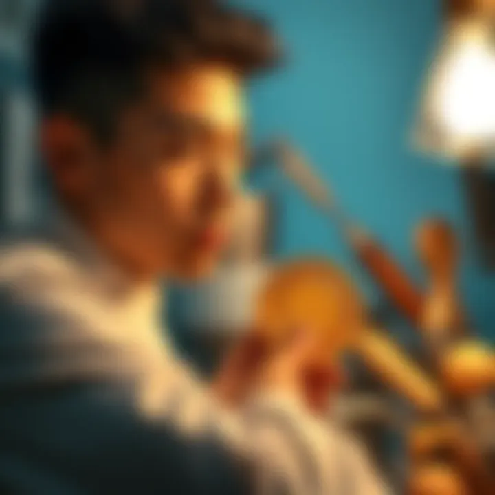 Culinary instructor considering Bitcoin A young culinary instructor looks thoughtfully at a Bitcoin symbol while surrounded by cooking tools.