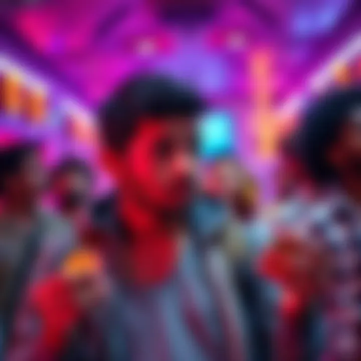 A person in a cult-like setting holding colorful Ponzi tokens, looking confused as others are engaged in distracting activities.