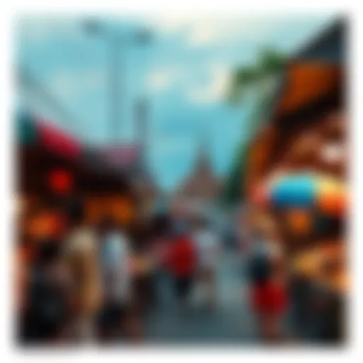 A bustling street market in Thailand with locals enjoying food and traditional performances.
