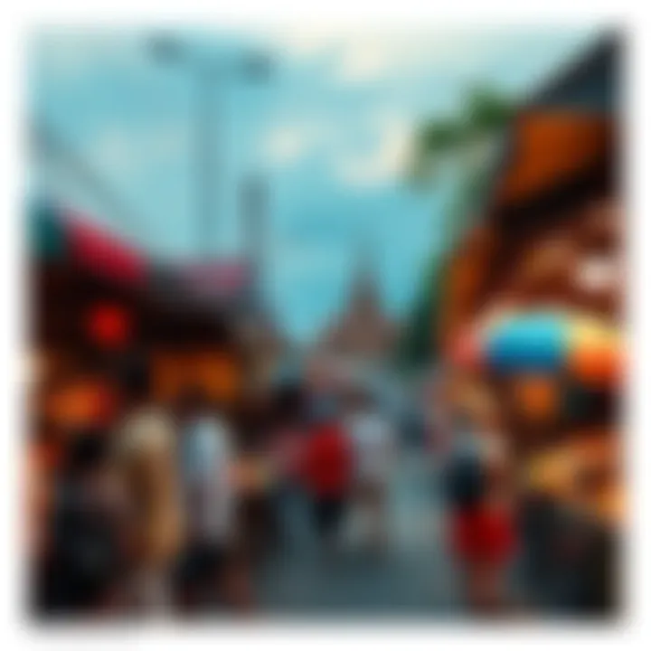 A bustling street market in Thailand with locals enjoying food and traditional performances.