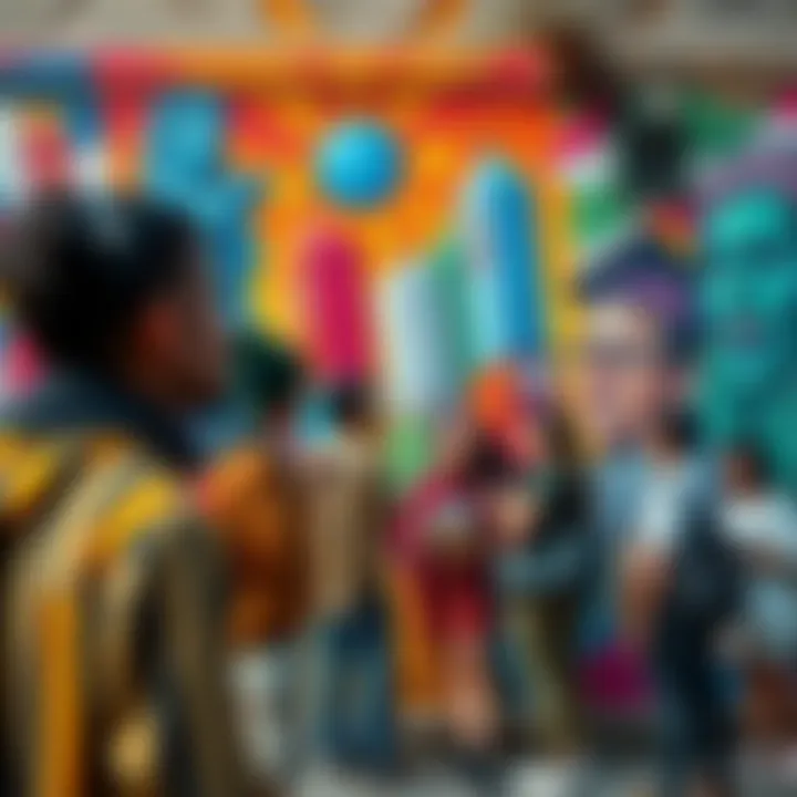 A vibrant street art mural representing cultural shifts influenced by Guillotine 23, featuring diverse people interacting and discussing.