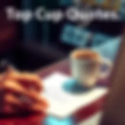 A person writing their favorite cup quotes on a piece of paper beside a steaming cup of coffee.