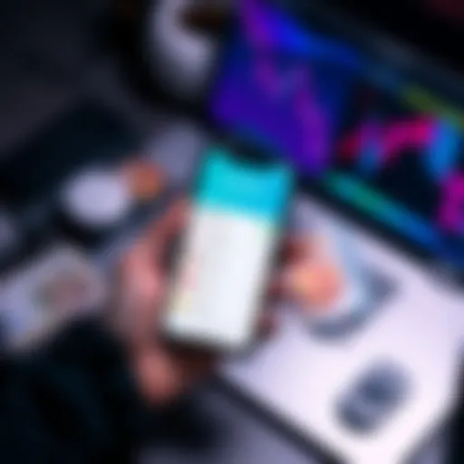 A person holding a smartphone showing the Revolut app with currency exchange options, surrounded by euros and a laptop