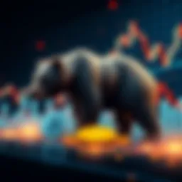 A graph showing declining cryptocurrency prices with a bear symbol representing a bear market. The background features digital coin icons to symbolize the crypto space.