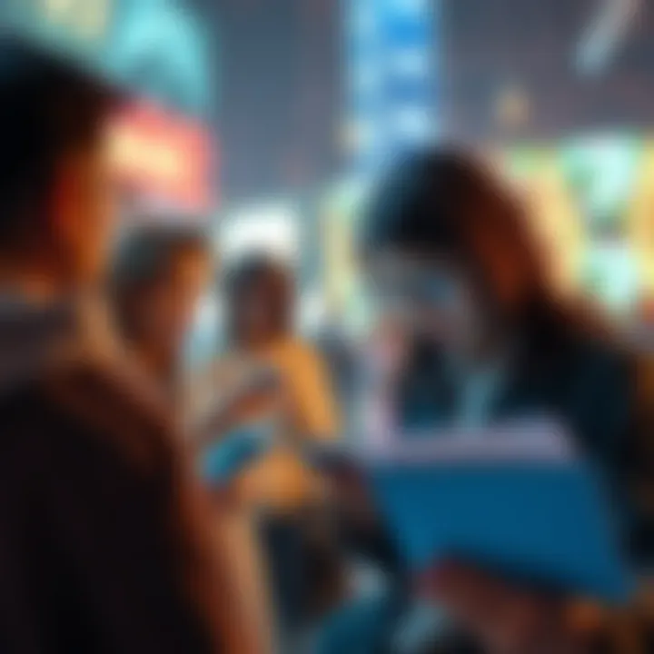 A group of people engaged in reading news articles on their devices, discussing important current events