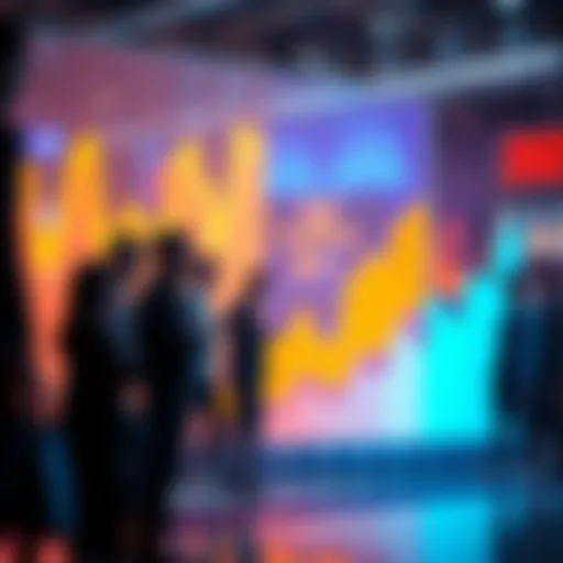 A graph showing changing opinions over time with people discussing around it