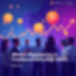 Current Trends in Cryptocurrency Illustration showing diverse people discussing cryptocurrency trends, with charts and coins in the background