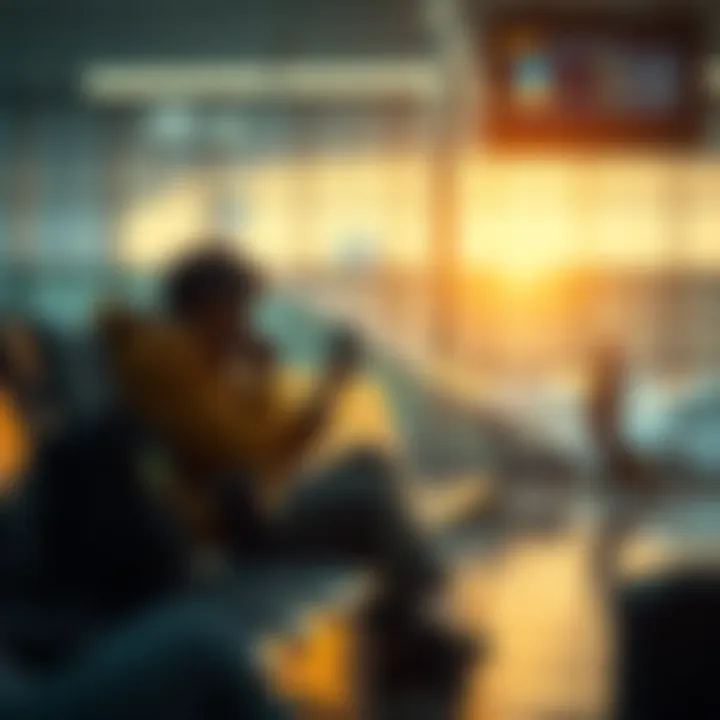 A distressed traveler looking at their blocked Curve card while sitting at an airport with luggage nearby.