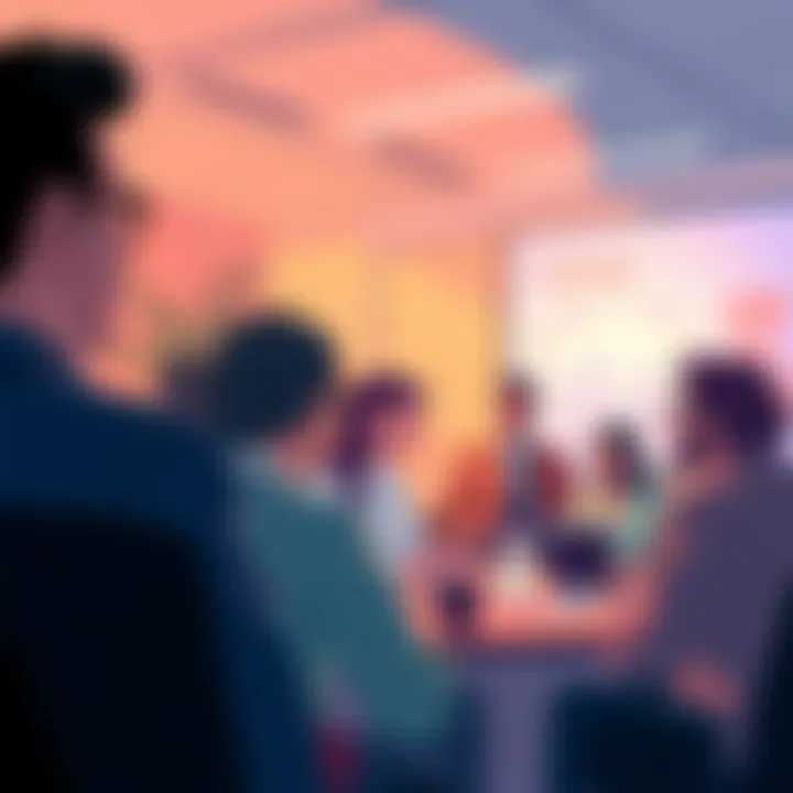 Illustration depicting discussions on customer service enhancement at Curve's shareholder meeting, featuring a diverse group of stakeholders engaged in dialogue.