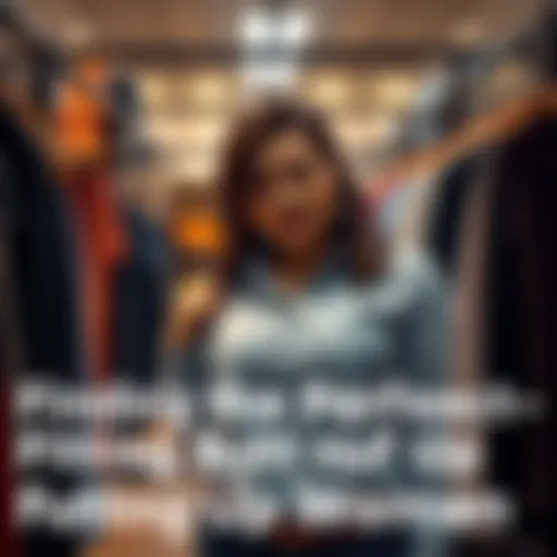 A curvy woman fitting a button-up shirt in a store, looking for the right size