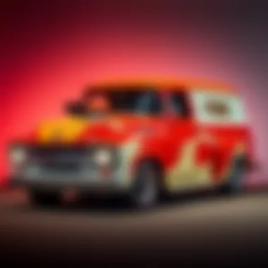 A vintage 1956 Ford panel truck fully customized for tailgating with a powerful V8 engine, custom murals, and a built-in grill.