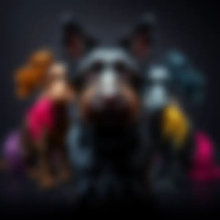 A unique artwork showcasing solid black dogs and variegated threads representing different dog fur colors