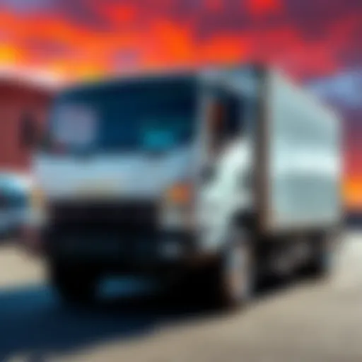 A unique 2019 Isuzu NPR Gas V8 box truck parked, showcasing its distinctive box body and design features.
