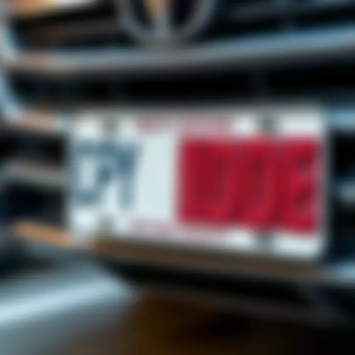 A close-up of a stylish custom license plate attached to a vehicle, showcasing a unique design and lettering.