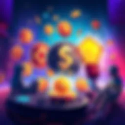 An illustration showing various SPL tokens and their applications in gaming and community rewards on the Solana blockchain.