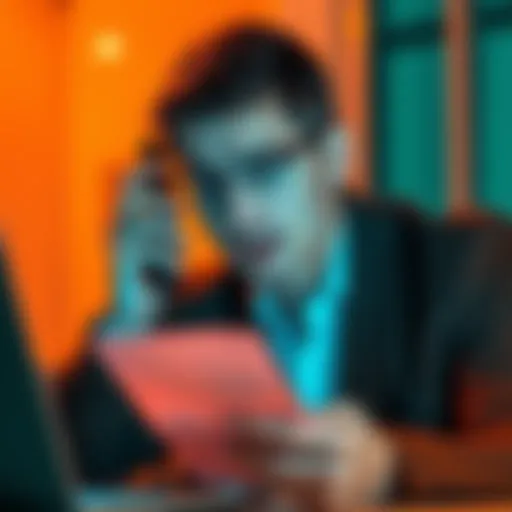 A concerned customer looks worried while on the phone, showing a document as they deal with a bank regarding a fraud issue.