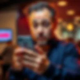 A customer looks confused and frustrated while holding a phone with a blocked account message on the screen.