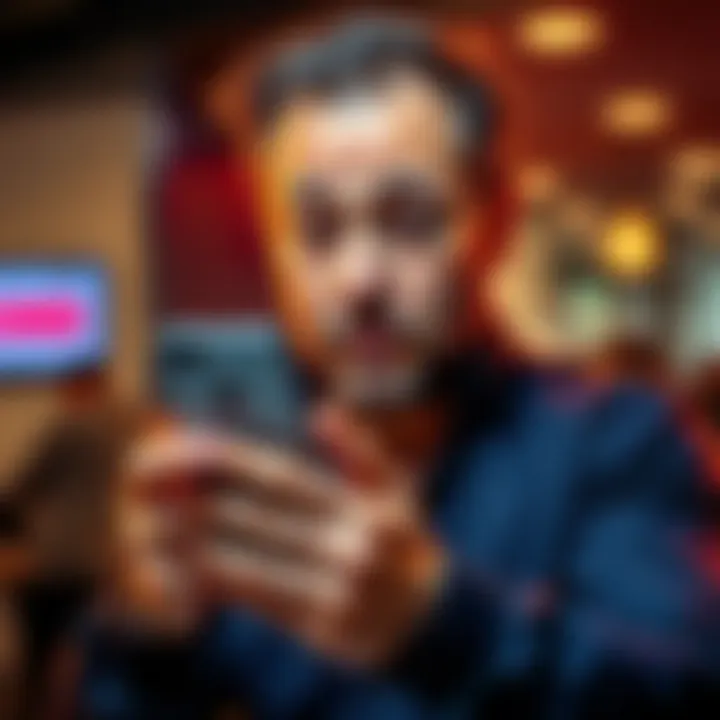 A customer looks confused and frustrated while holding a phone with a blocked account message on the screen.