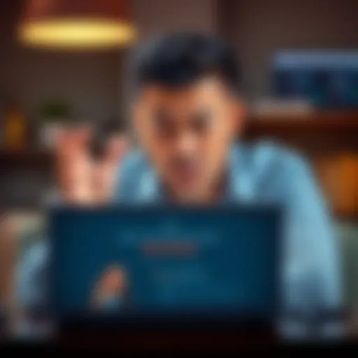 An unhappy customer shows frustration with a laptop displaying misleading company ratings and reviews, highlighting unethical tactics.