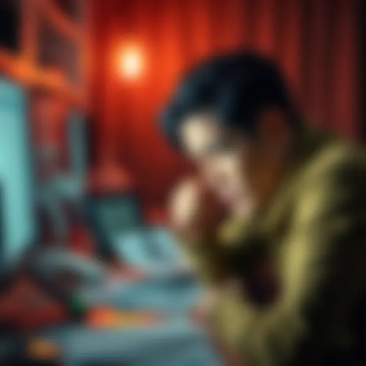 A frustrated person looking at their computer screen with a confused expression, surrounded by financial documents and a phone showing unanswered calls from customer support.