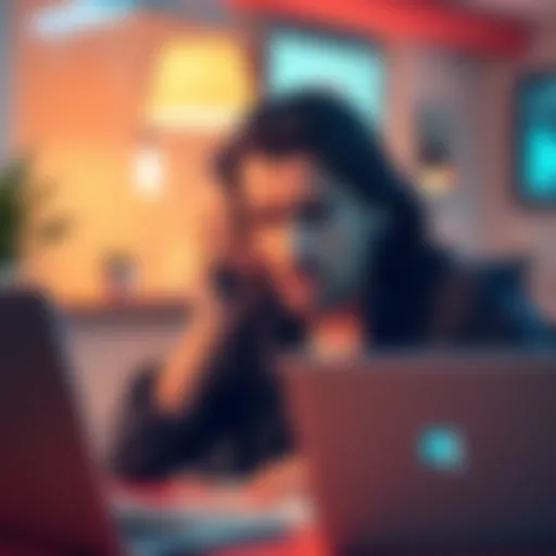 A person looking stressed while on the phone, showing frustration with a laptop open and Revolut logo visible