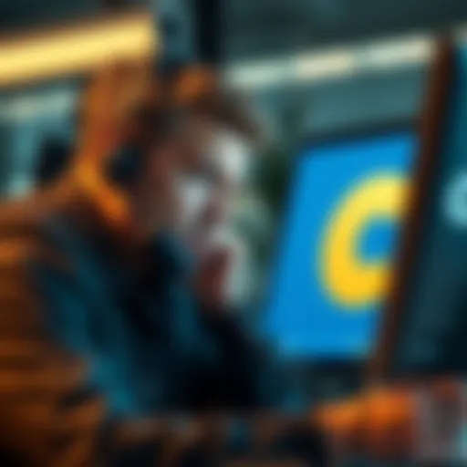 A frustrated person on the phone, looking at a computer screen with a Coinbase logo, indicating account verification issues