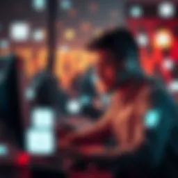 A person looking frustrated while using a computer for customer support, surrounded by chatbot icons
