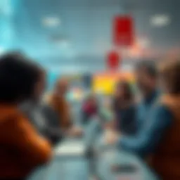 A group of frustrated customers gathered at a bank branch discussing their issues with management.
