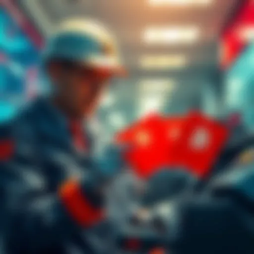 A customs officer examining red envelopes that contain Bitcoin symbols, showcasing scrutiny on cryptocurrency transport