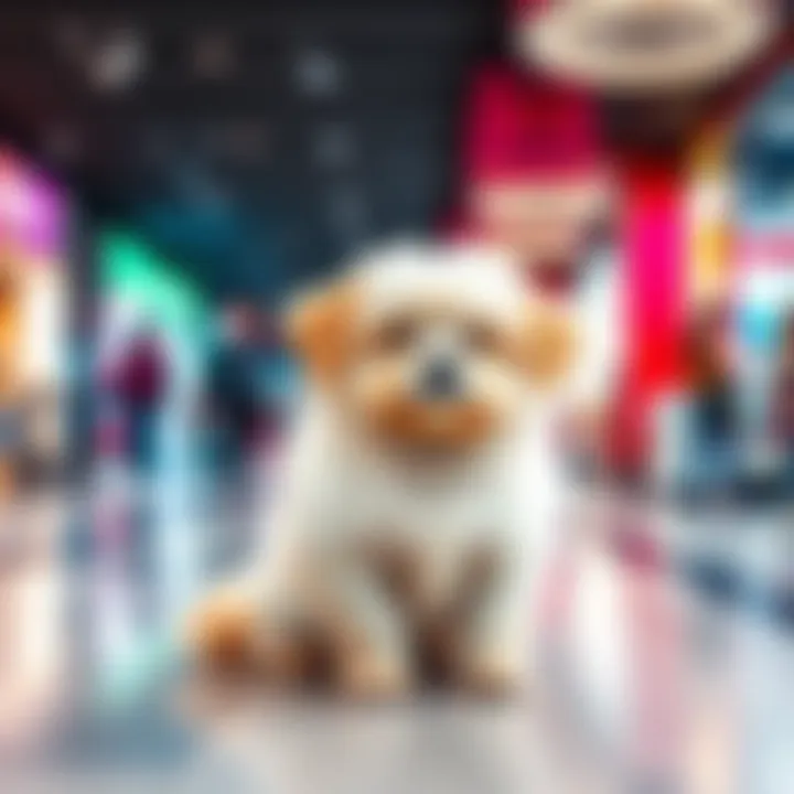 A fluffy dog sitting in a shopping mall, attracting attention from shoppers and bringing smiles.