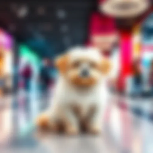 Cute furball at the mall A fluffy dog sitting in a shopping mall, attracting attention from shoppers and bringing smiles.