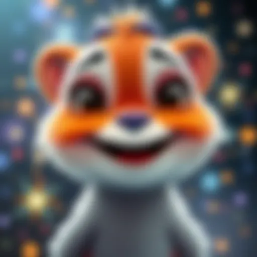A playful character with big eyes and a wide smile, surrounded by colorful sparkles, radiating joy and cuteness.