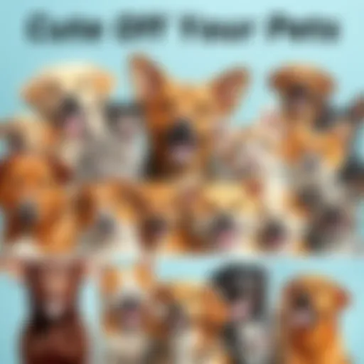 A collage of various pets in profile picture style, showcasing dogs, cats, and other animals with cheerful expressions, inviting people to share their own pet photos.