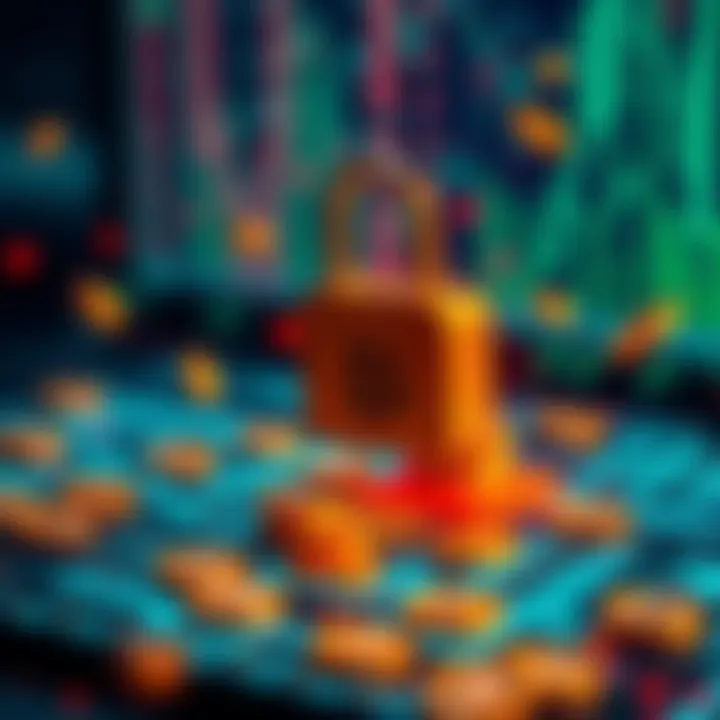 A digital representation of a cyberattack on a cryptocurrency platform with a lock symbol and falling coins.