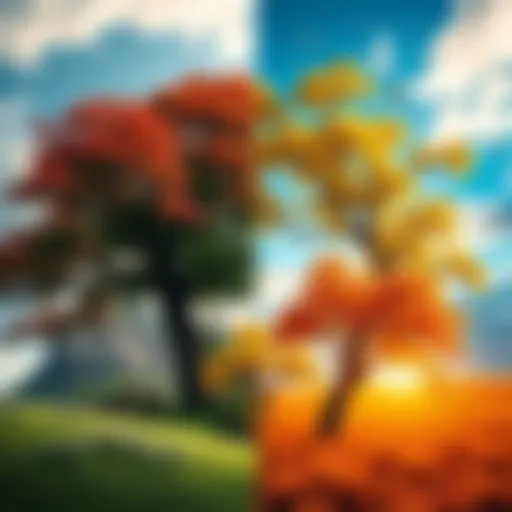 Different seasons represented by trees, flowers, and changing weather, showing the cycle of life.
