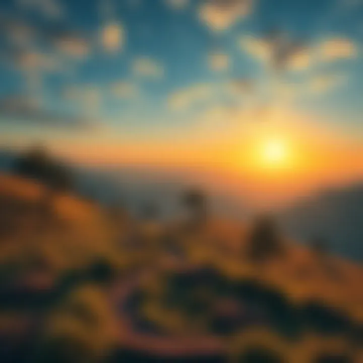 A serene landscape illustrating the cyclical nature of life, with a sunrise in the background symbolizing new beginnings and a winding path representing life's journey.