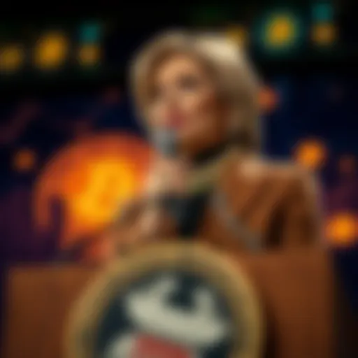 U.S. Senator Cynthia Lummis talking about cryptocurrency bills at a podium with a backdrop of digital currency graphics