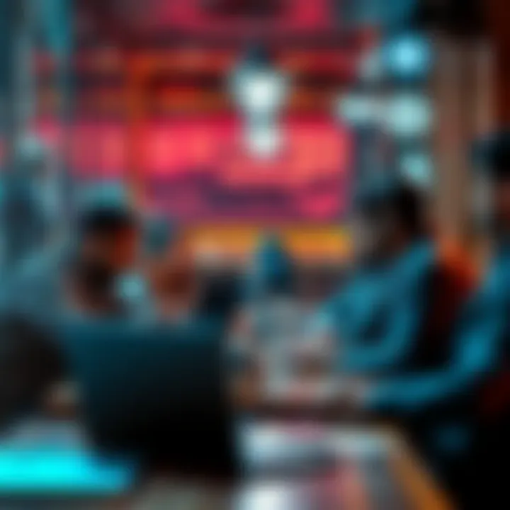 A group of people discussing technology and privacy in a coffee shop, with laptops and digital devices in view.